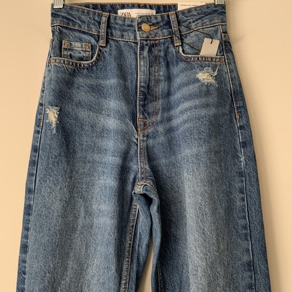 Zara Straight Leg Jeans Blue Full Length Distressed 0 - Picture 11 of 12
